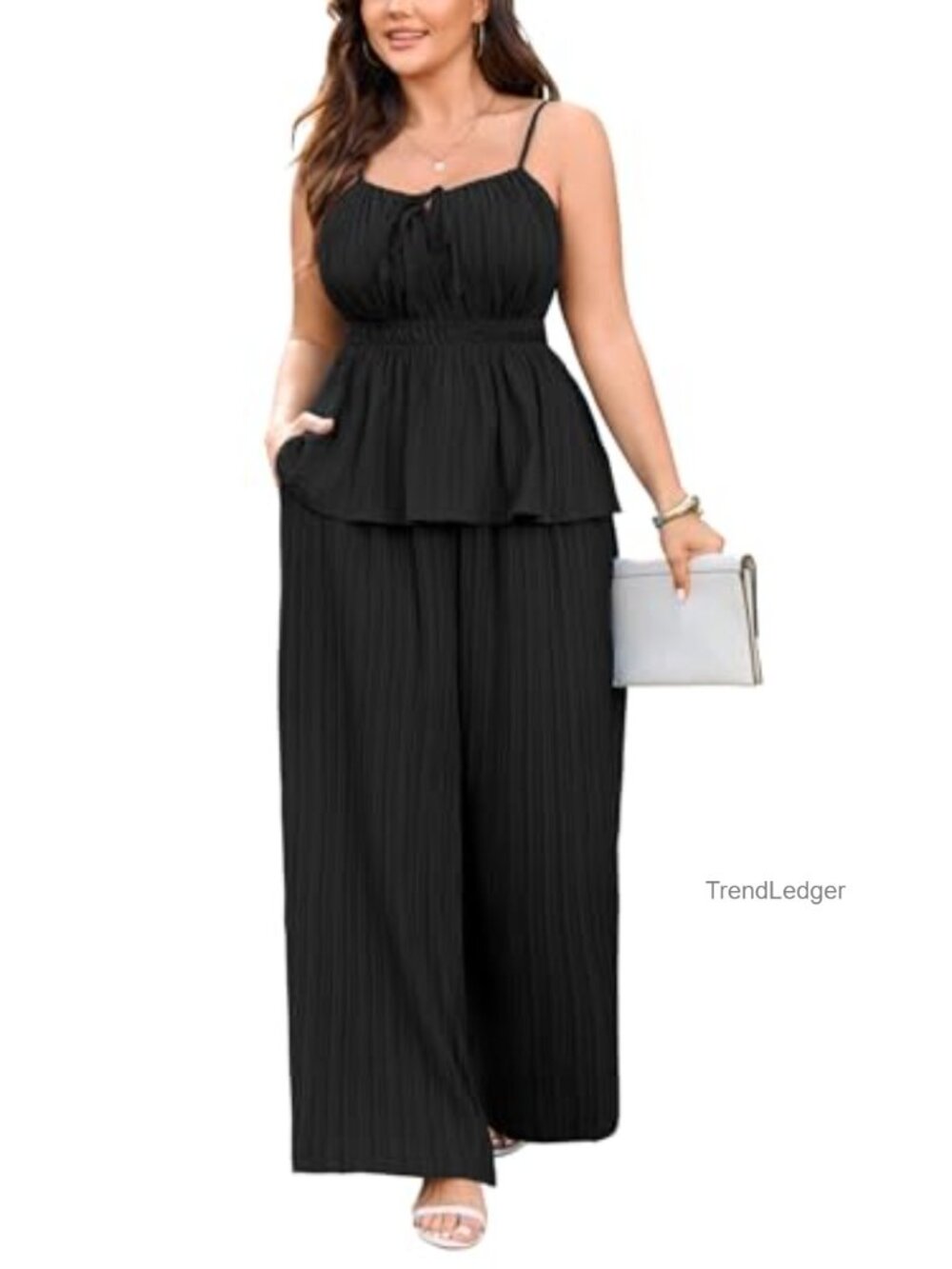 Plus Size 2 Piece Summer Outfit Sleeveless Babydoll Top Wide Leg Pants